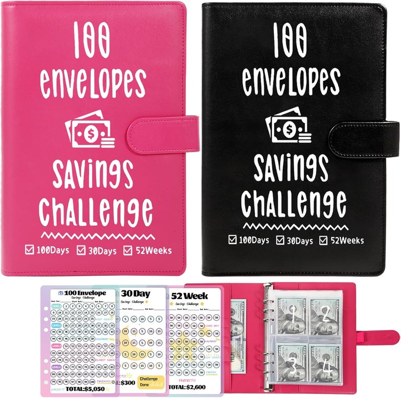VAZOCA 2 Pack 100 Envelopes Money Saving Challenge, Cash Budget Planner A5 Binder, Savings Challenges Book Organizer Folder, with 3 Tracker to Save $5,050 and $2,600, $300, 100 Pre-numbered Pockets, Black & Red - Image 1